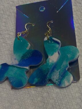 Handcrafted Blue Teal Swirl Butterfly Drop Earrings